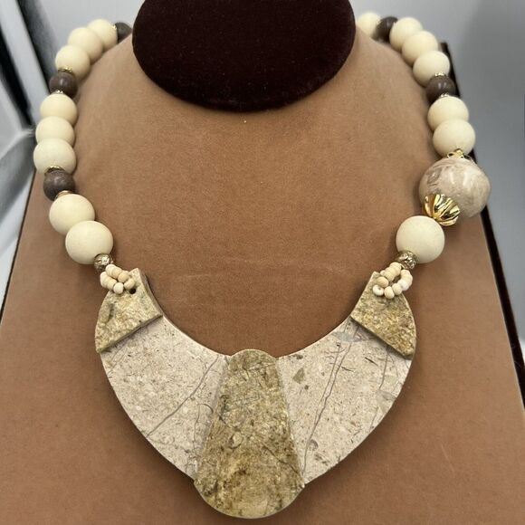 Handmade ~20" Quartz Granite Stone Gold Tone Statement Necklace And Earrings Vtg - Picture 1 of 14